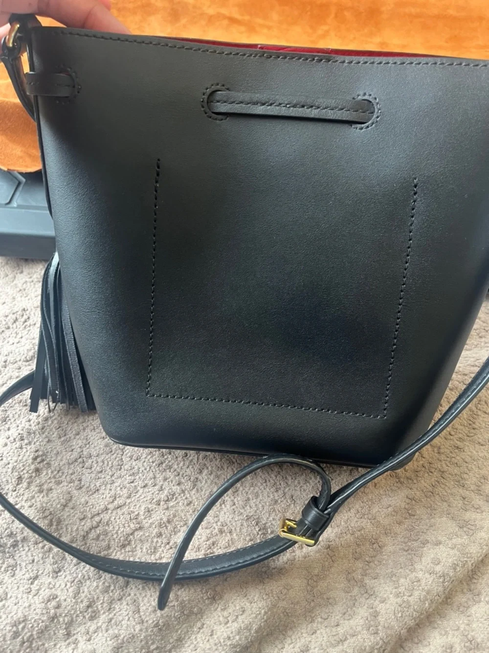Lauren Ralph Lauren Black Leather Drawstring Bucket Crossbody - Picture 8 of 13